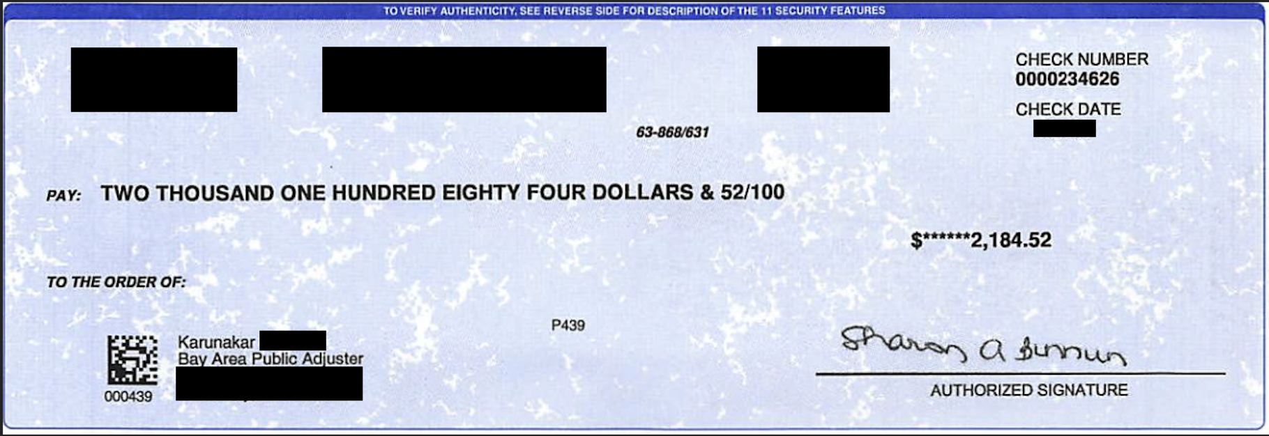 Complete redacted payment verification for case 5, document 1