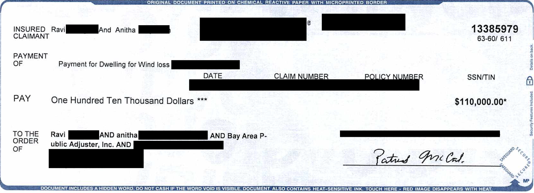 Complete redacted payment verification for case 1