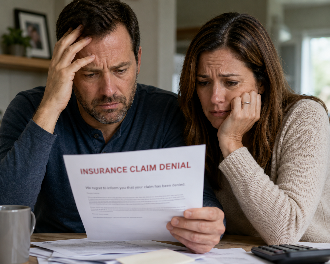 Worried couple reading an insurance claim denial letter