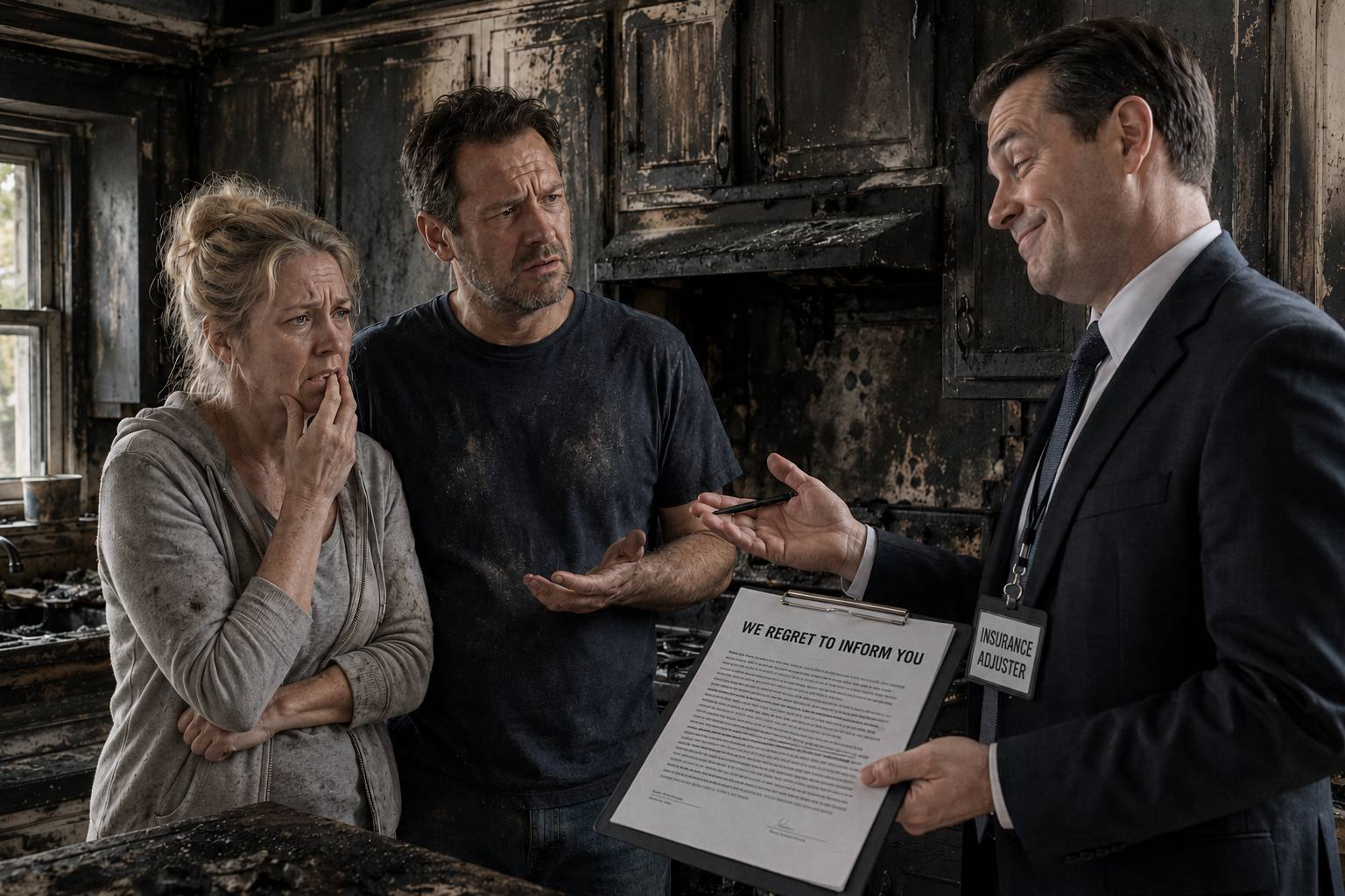 Insurance adjuster denying a fire-damage claim to a worried couple