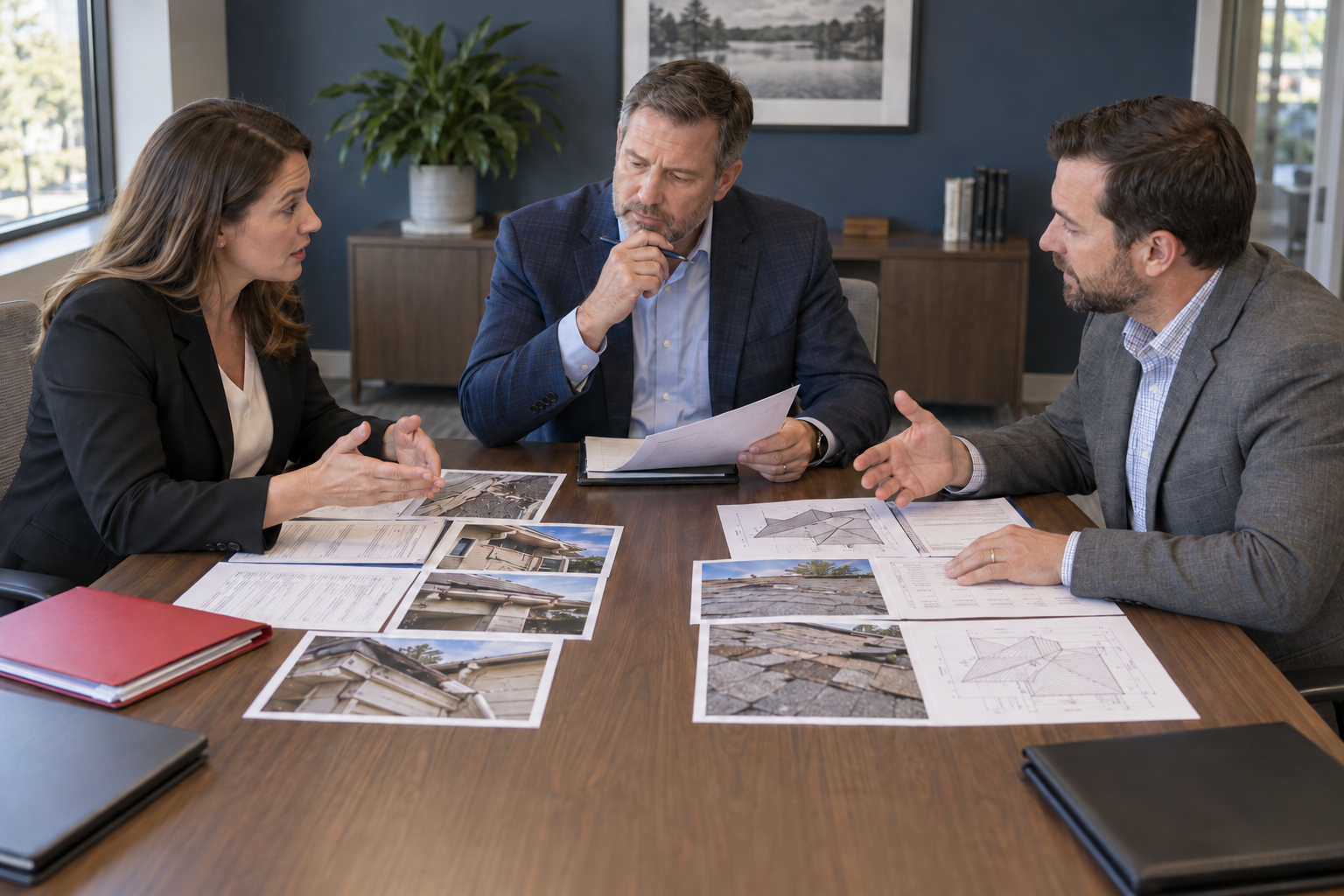 Two appraisers present separate estimates and property-damage photographs to a neutral umpire at a conference table.