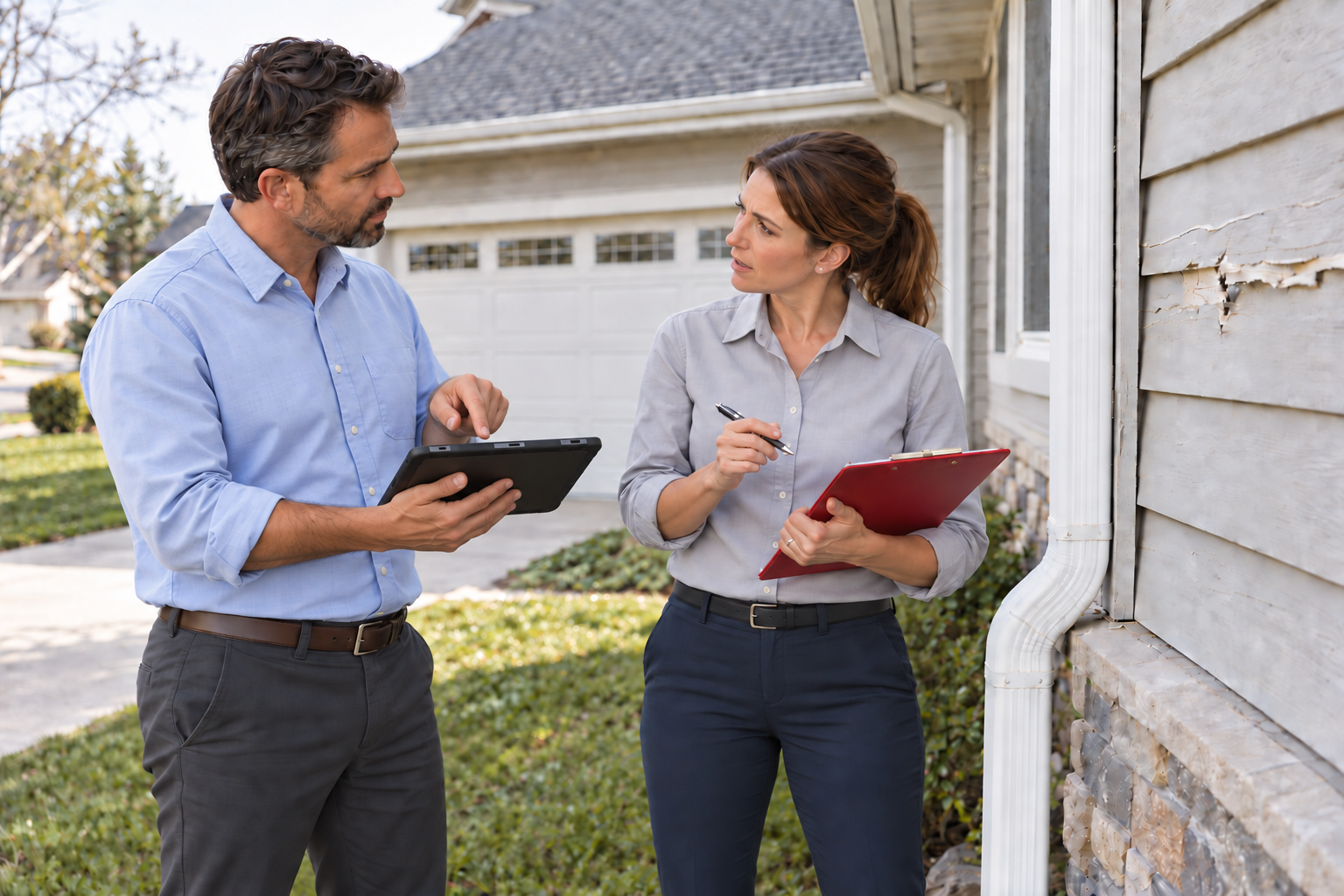 A public adjuster reviews a repair estimate and property-damage photographs with two homeowners at their dining table.