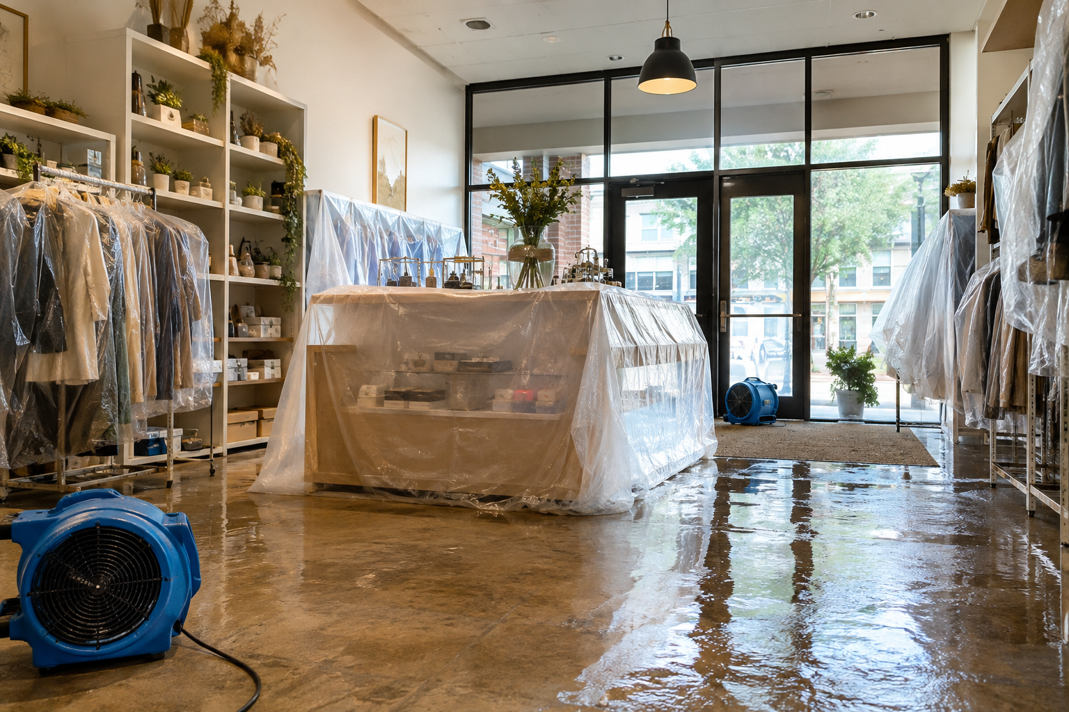 Illustrative retail shop with water-affected flooring and merchandise.
