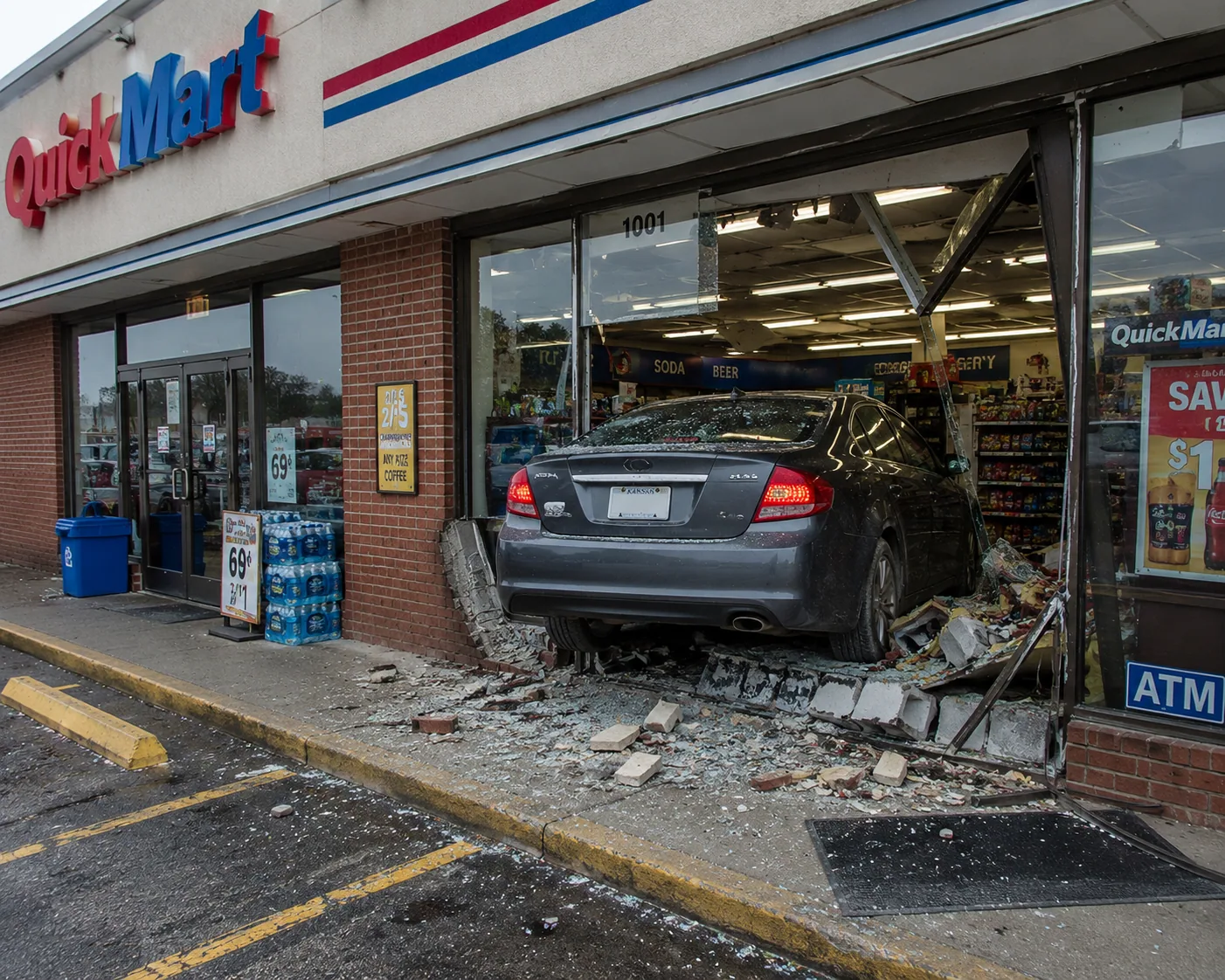 Impact damage to the entrance of a commercial storefront.