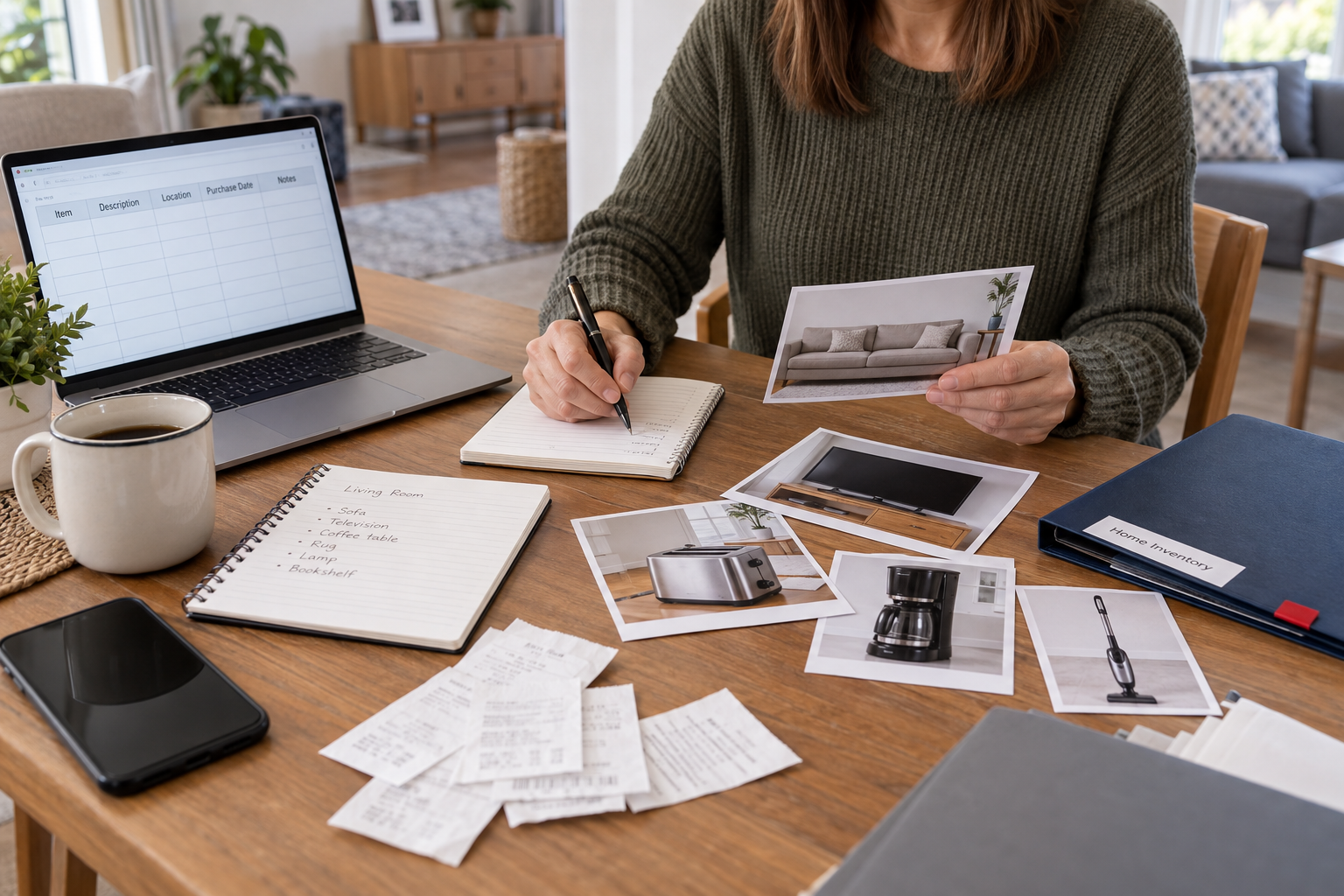 Household photographs and receipts organized for property documentation.