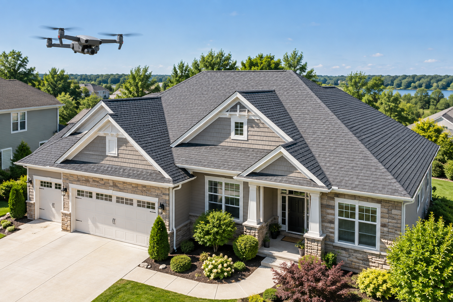 Illustrative drone photographing the roof and exterior of a home on a clear day