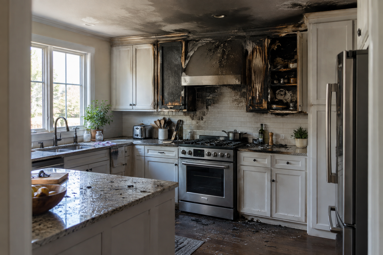 A kitchen with fire and soot effects around the stove and upper cabinets.