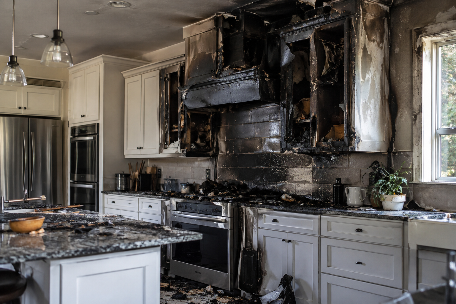A separate view of burned kitchen finishes and affected appliances.