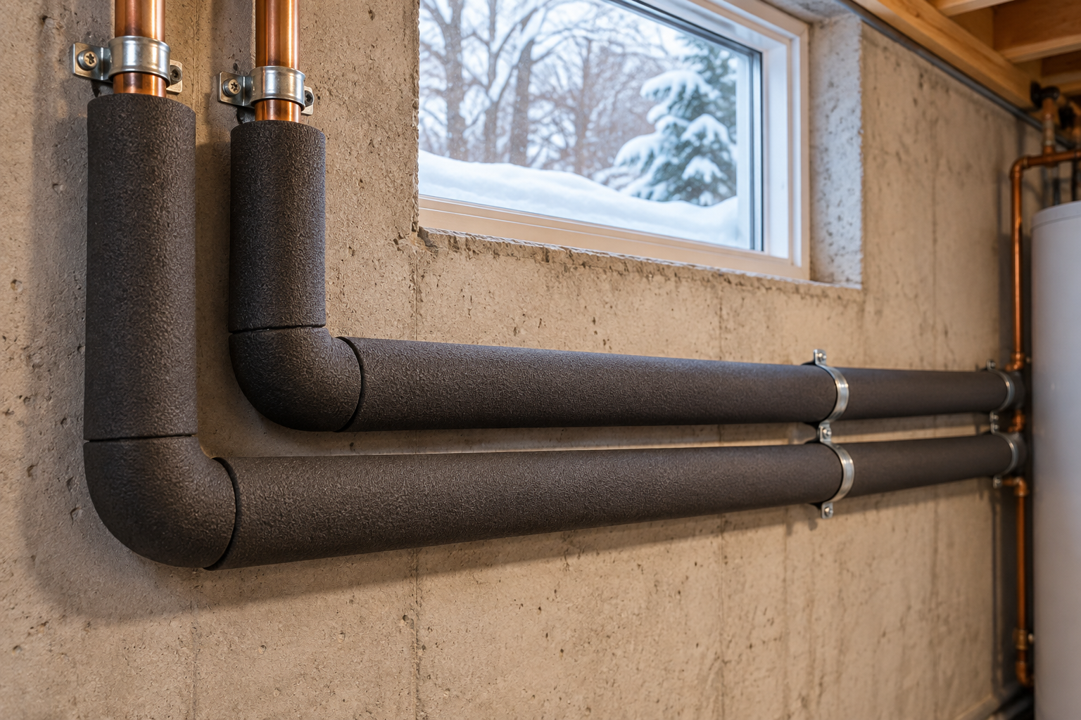 Illustrative insulated water supply pipes in a residential utility area during winter.