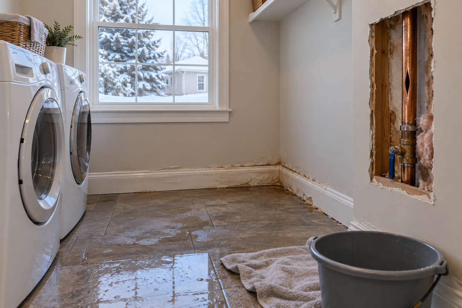 Illustrative laundry room with a split supply pipe and resulting water damage during winter