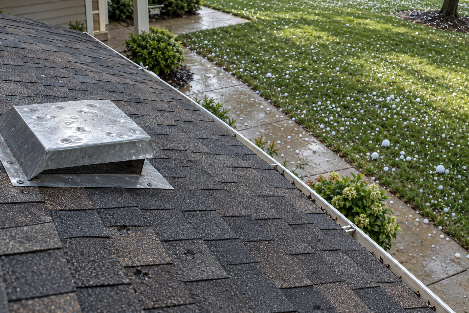 Illustrative hail aftermath with hailstones on the ground, shingle impacts and dents on the top of a metal roof vent