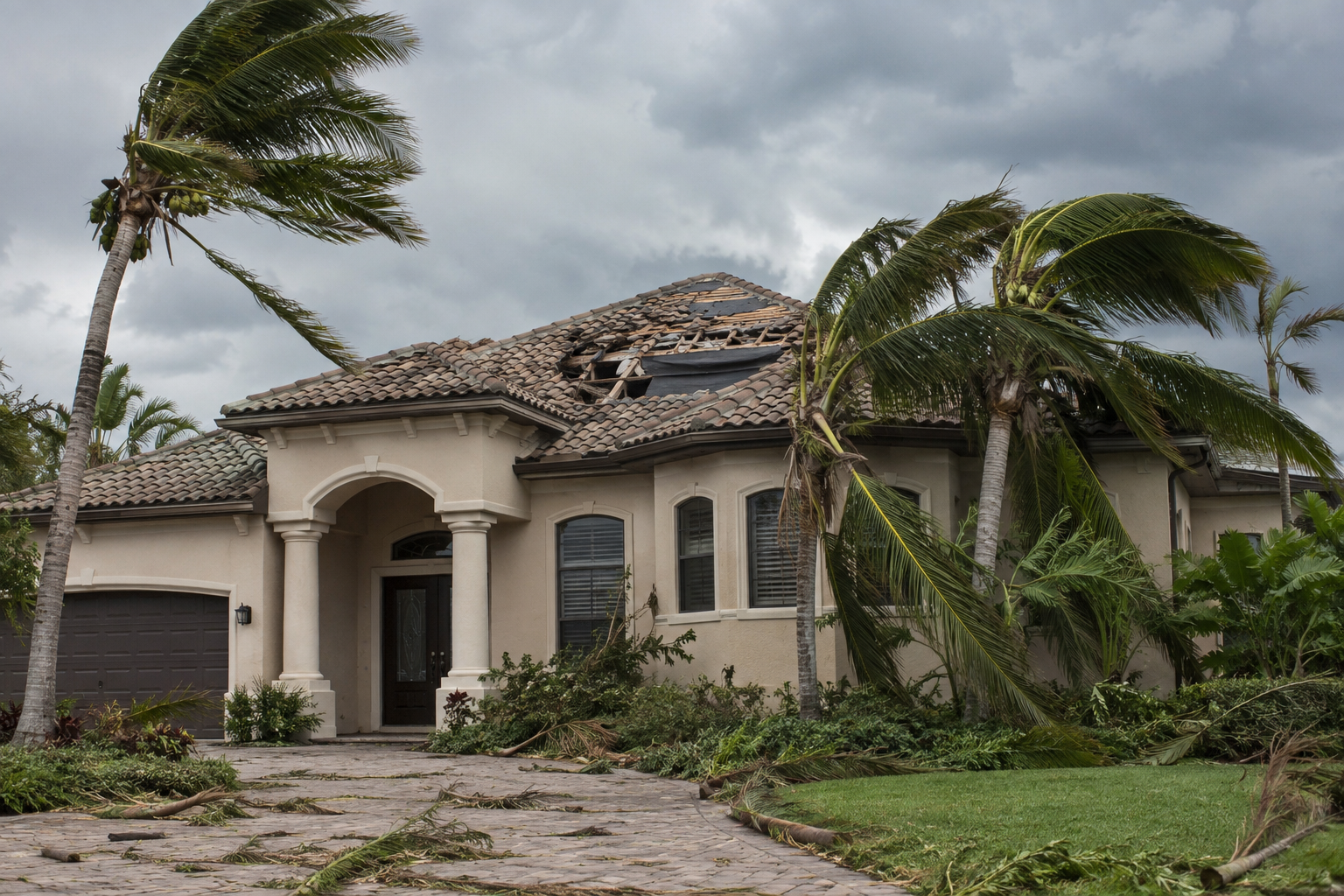 A coastal home with damaged roof covering and palms bent by storm winds.