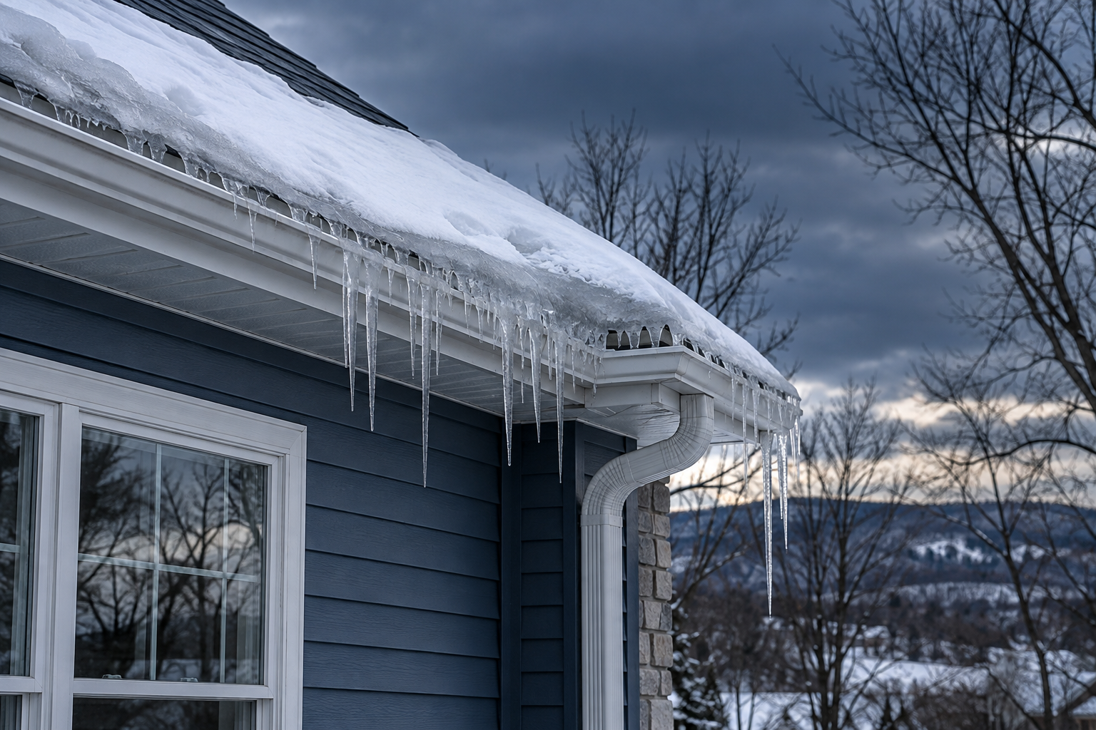 Illustrative snow and ice accumulation at the eave of a house