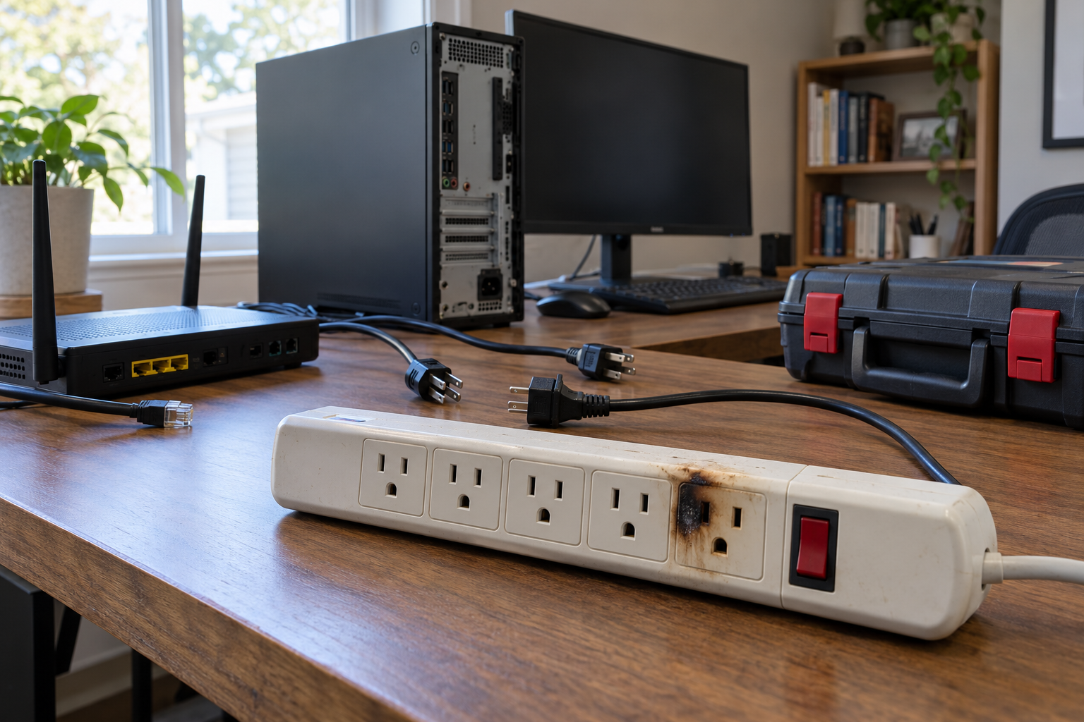 Illustrative unplugged electronics and a scorched power strip awaiting assessment.