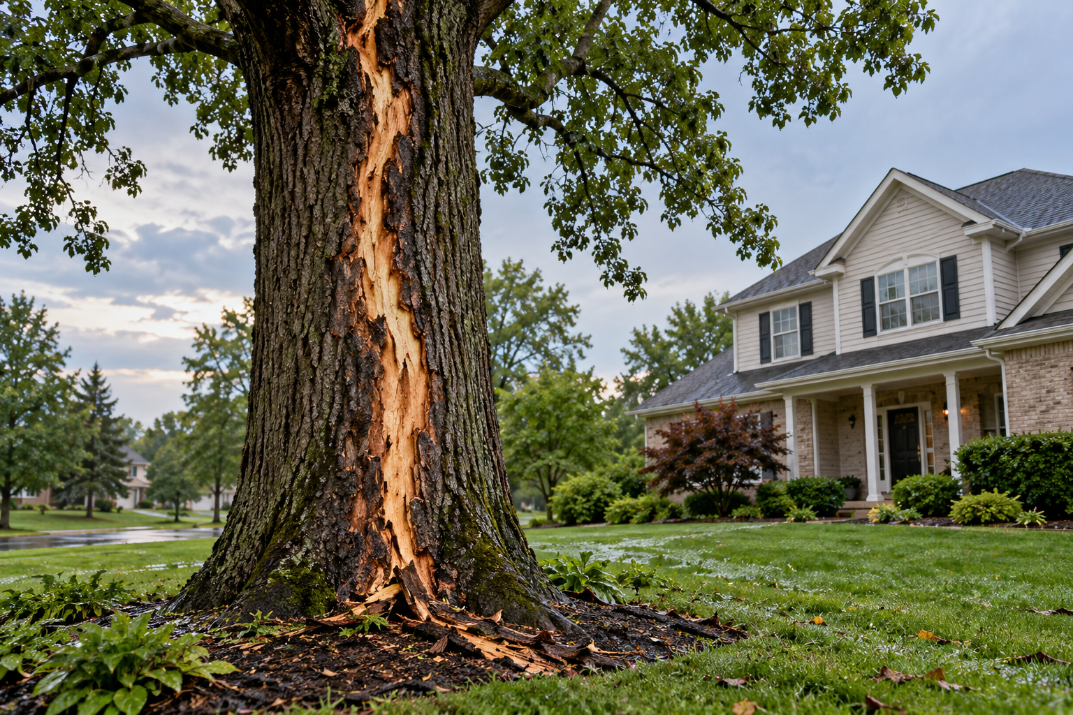 Illustrative tree with a long lightning scar beside a home.
