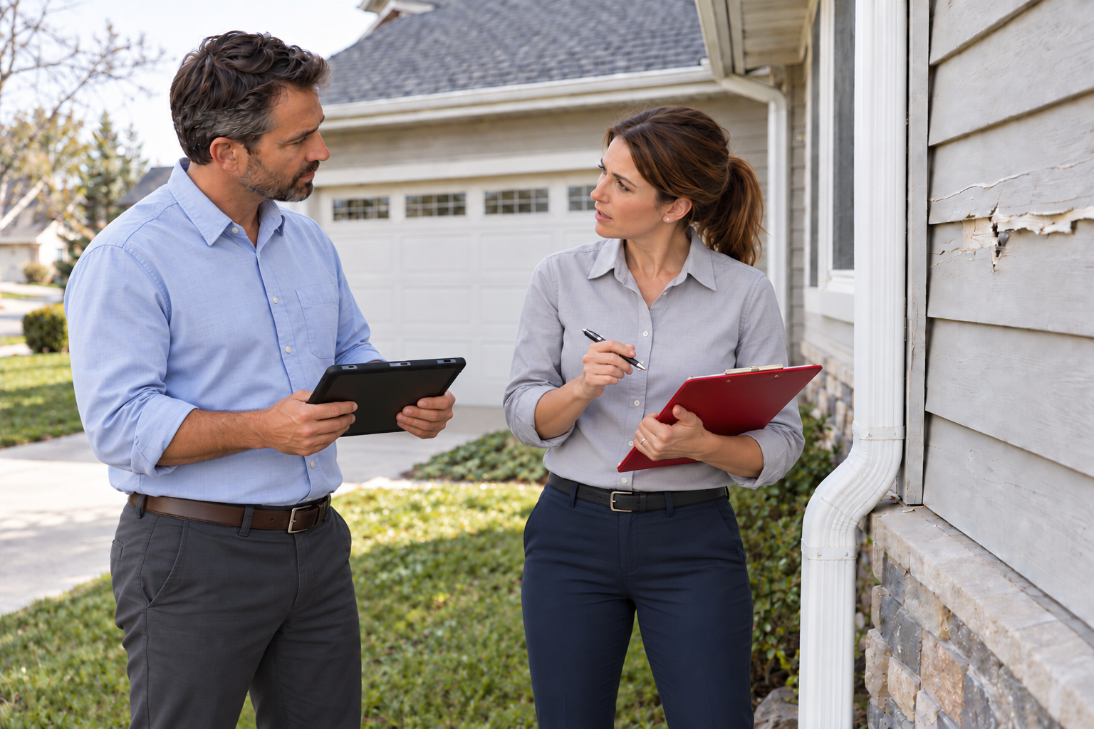 A Policyholder Appraiser on the left and a Carrier Appraiser on the right, from different companies, discuss damage at the same house with their separate inspection records.