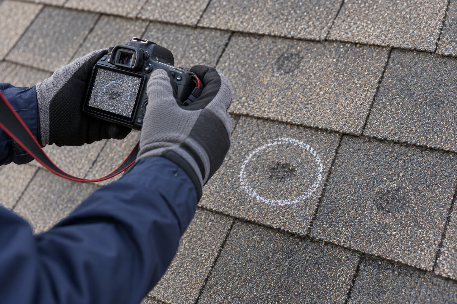 Detailed photographs taken during a shingle roof inspection.