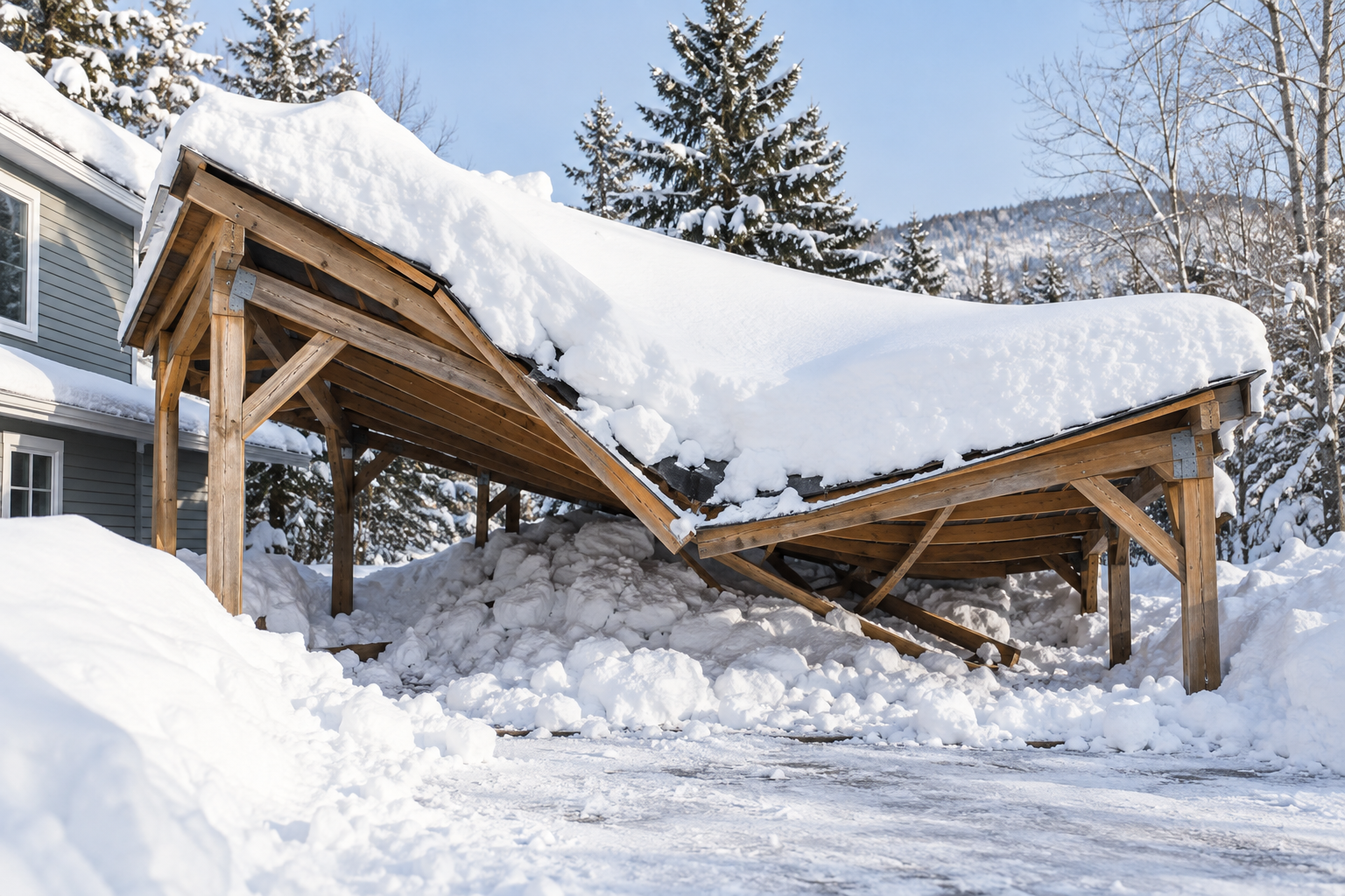 Illustrative carport roof sagging under a heavy snow load.