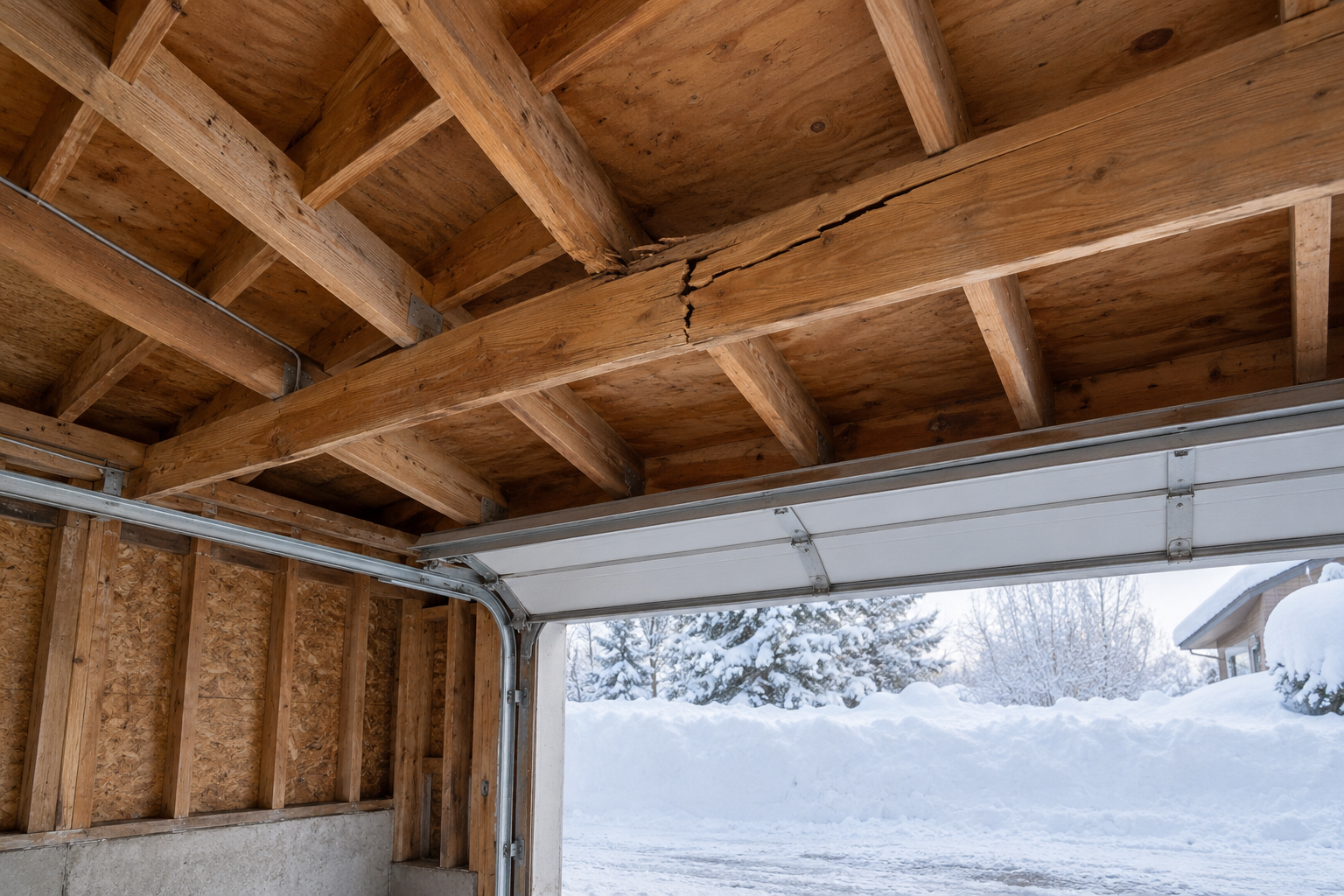 Illustrative damaged roof framing inside a garage with deep snow outside.