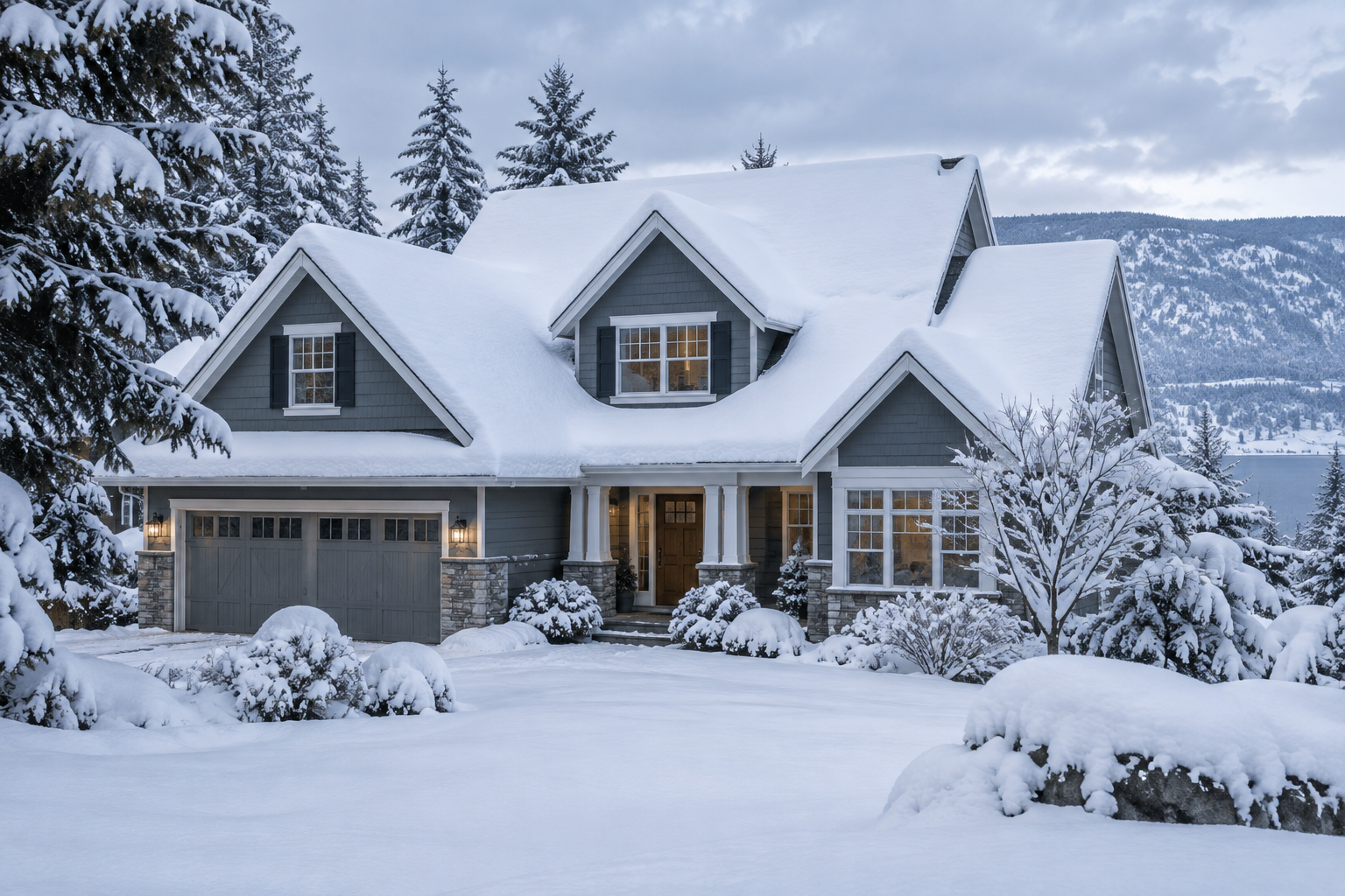 A snow-covered residential roof in winter.