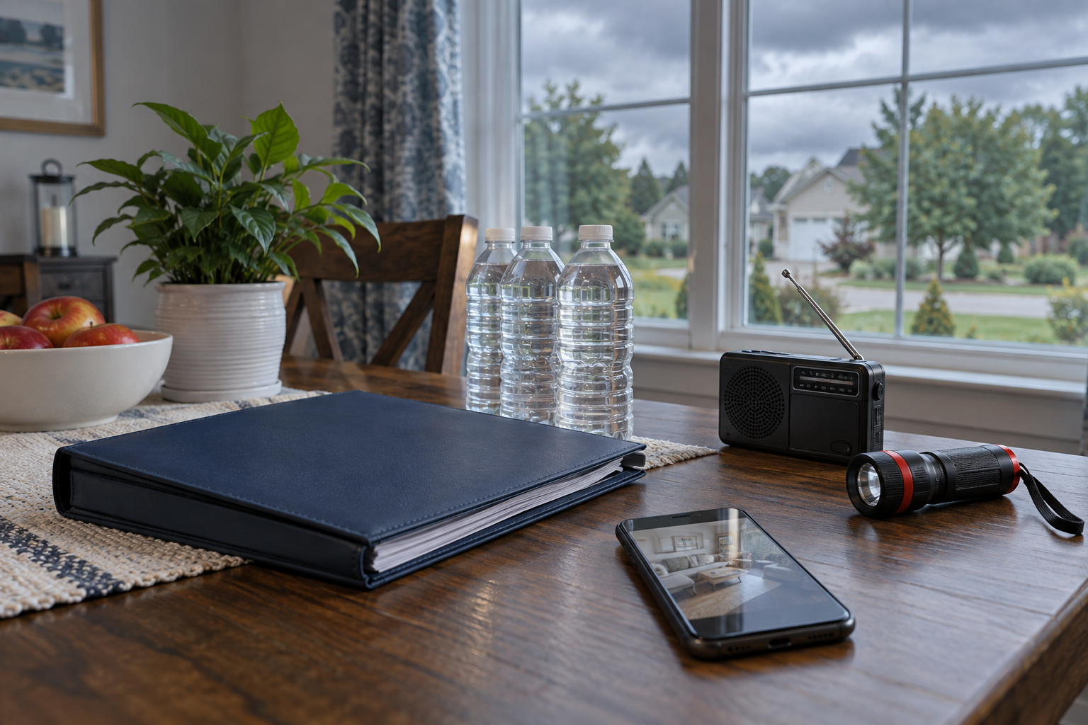 Illustrative household preparedness supplies and a document folder on a dining table