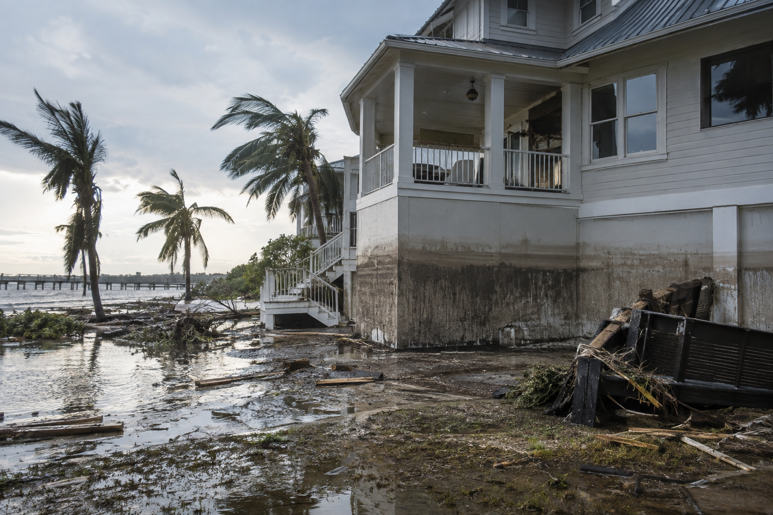 A coastal home with a broad floodwater mark, muddy ground, and debris left by receding water.