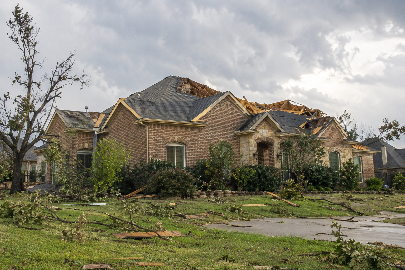 A home with extensive roof destruction and scattered debris illustrating tornado aftermath.