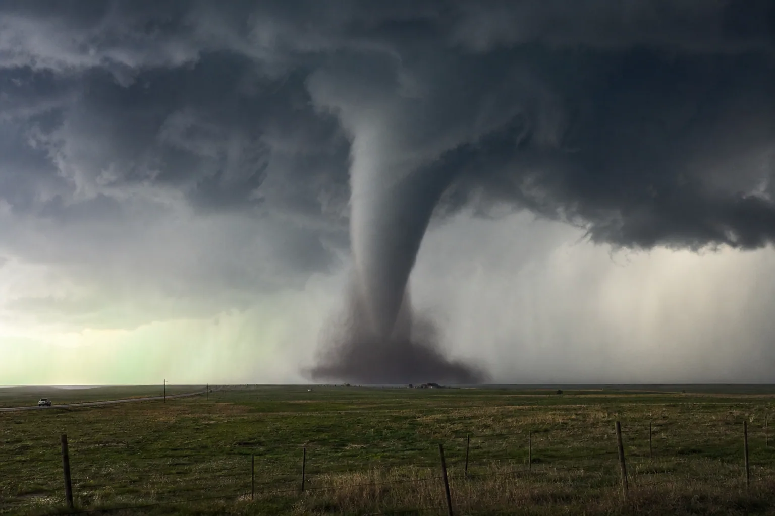 Tornado over open land beneath storm clouds