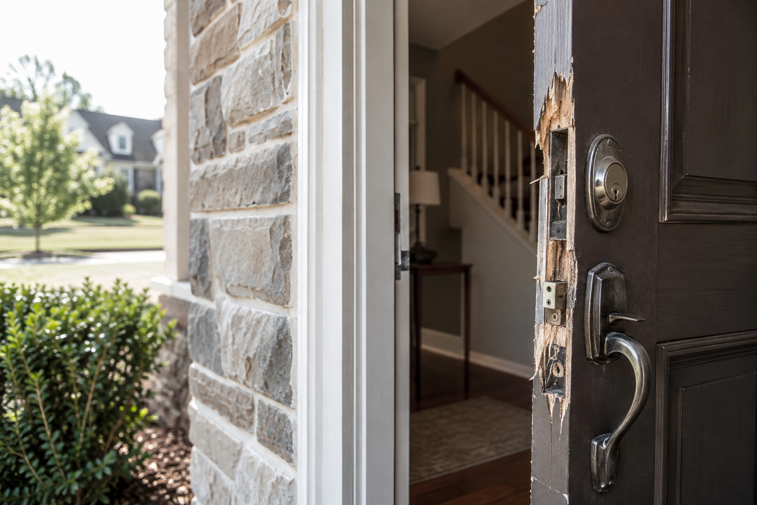 Illustrative damaged door frame around a forced entry point.