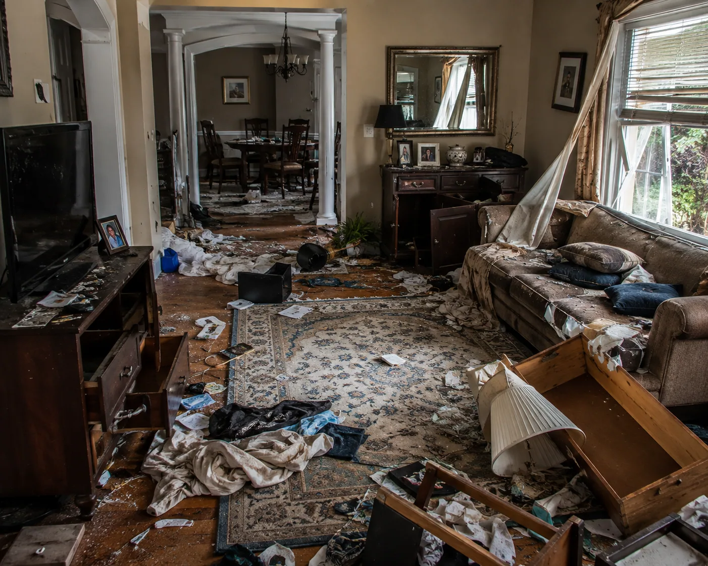 Interior with broken furnishings and disturbed belongings