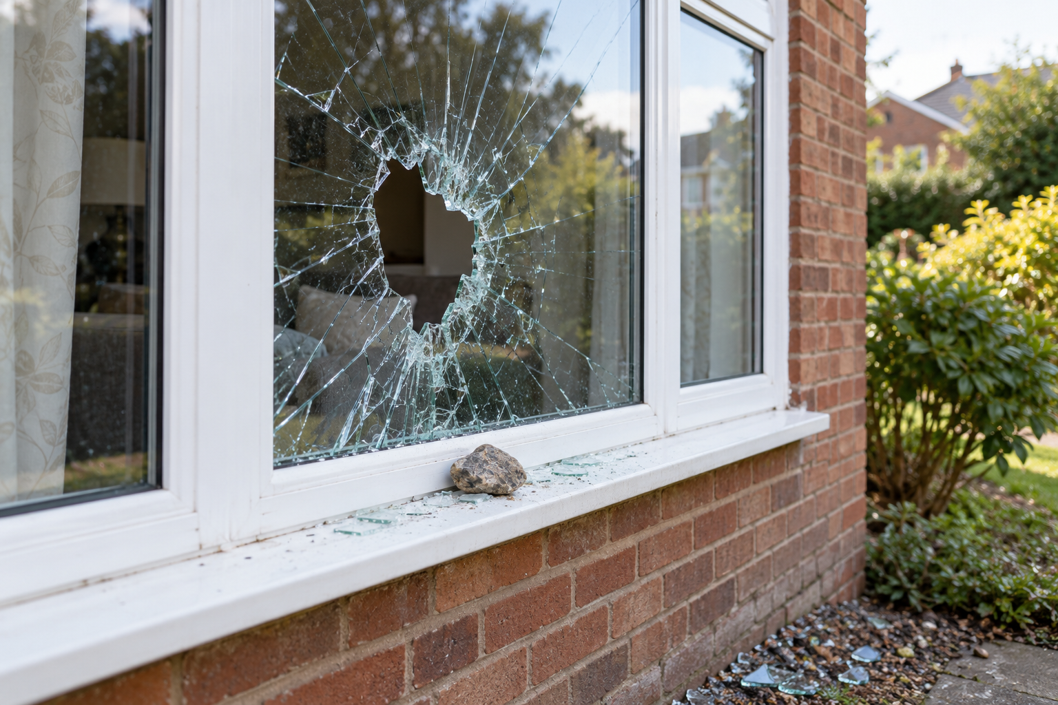 Illustrative window with impact damage and broken glass.
