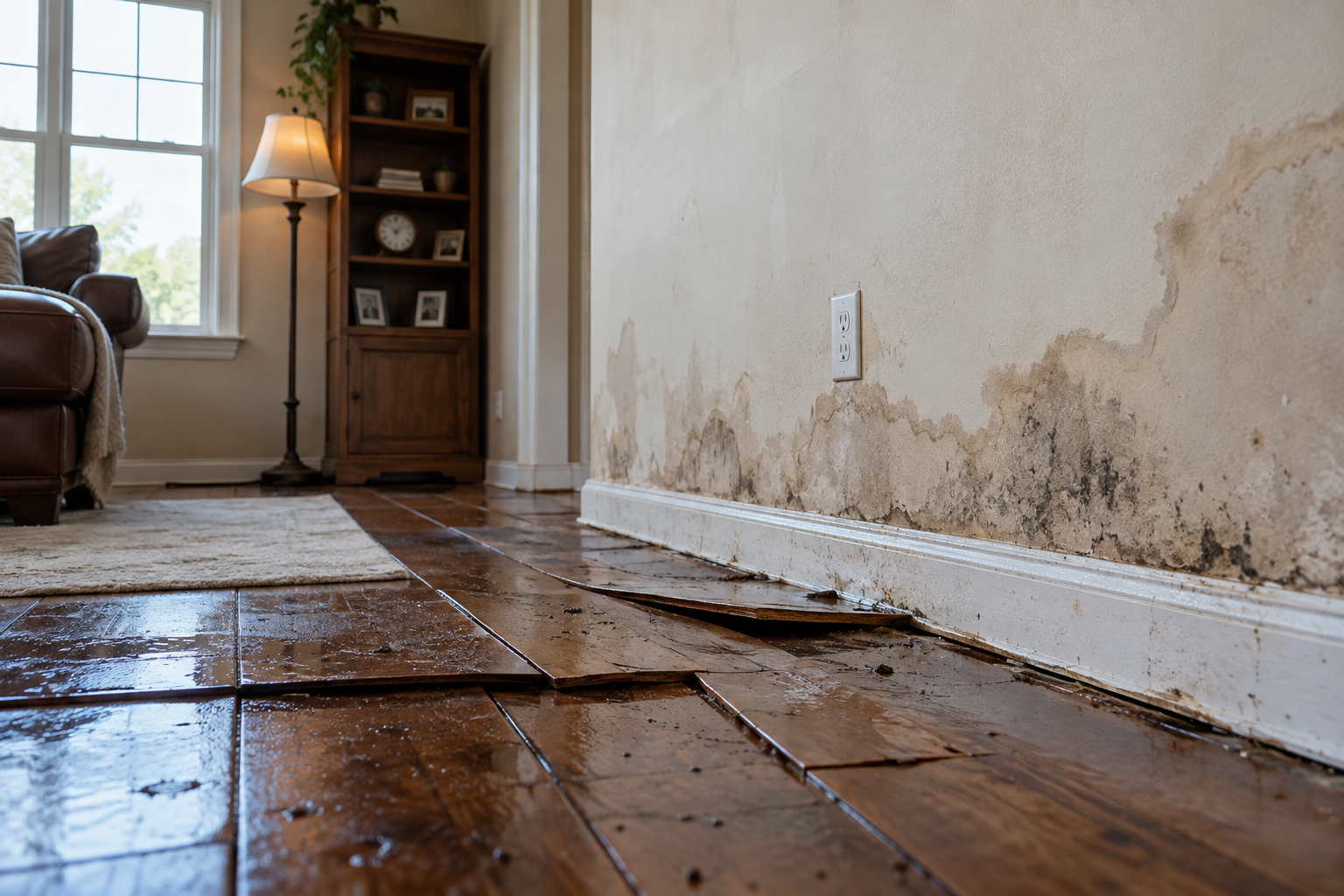 Illustrative interior with water-affected wall finishes and flooring.