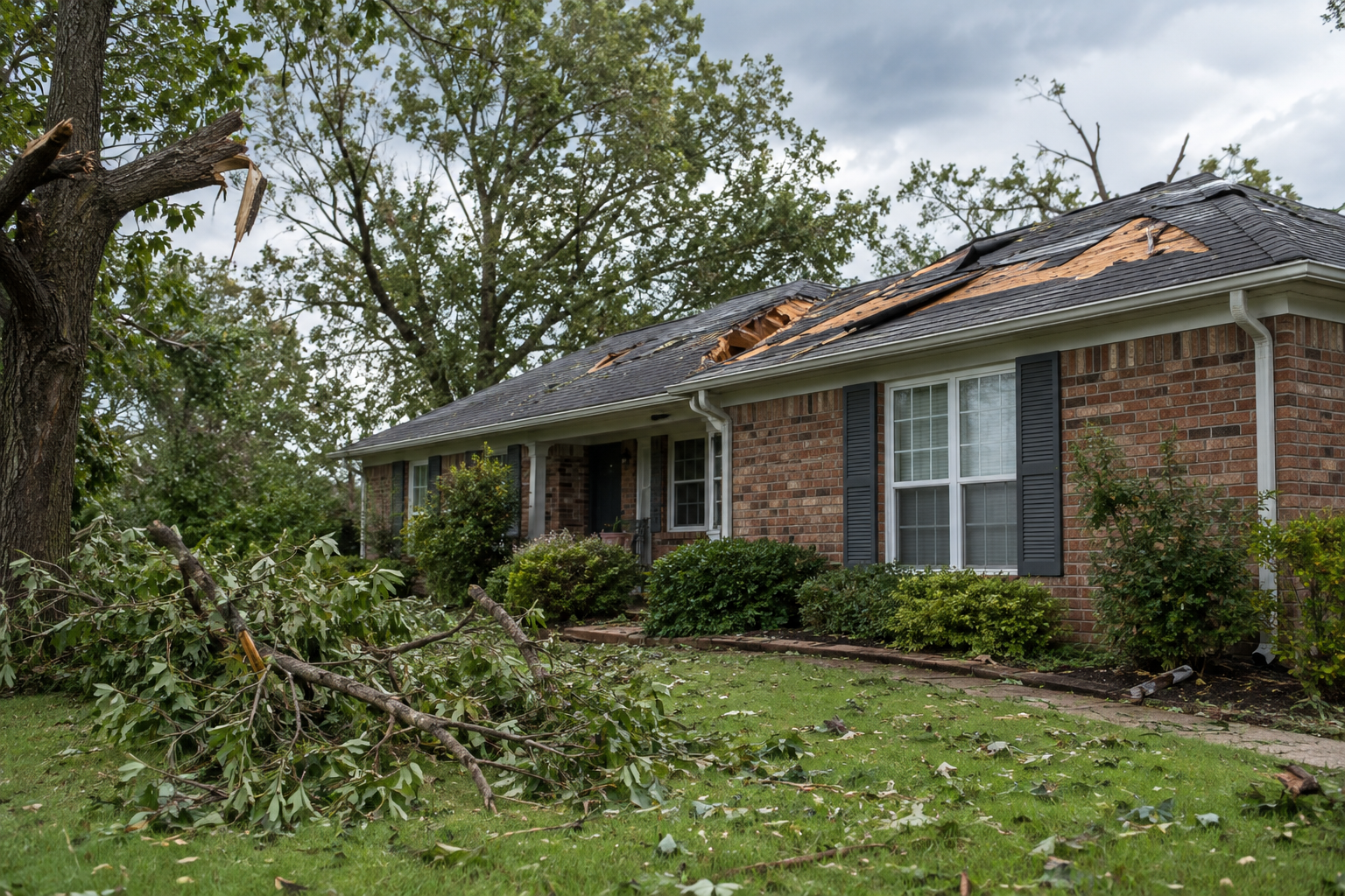 A home with stripped roof covering and fallen branches after strong winds.