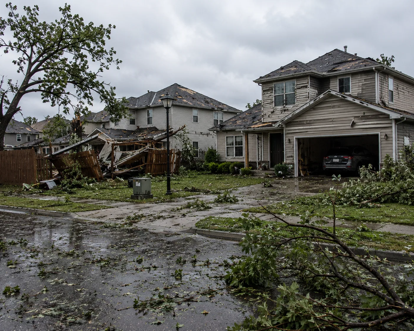 Homes with affected roofing and fallen branches after a storm