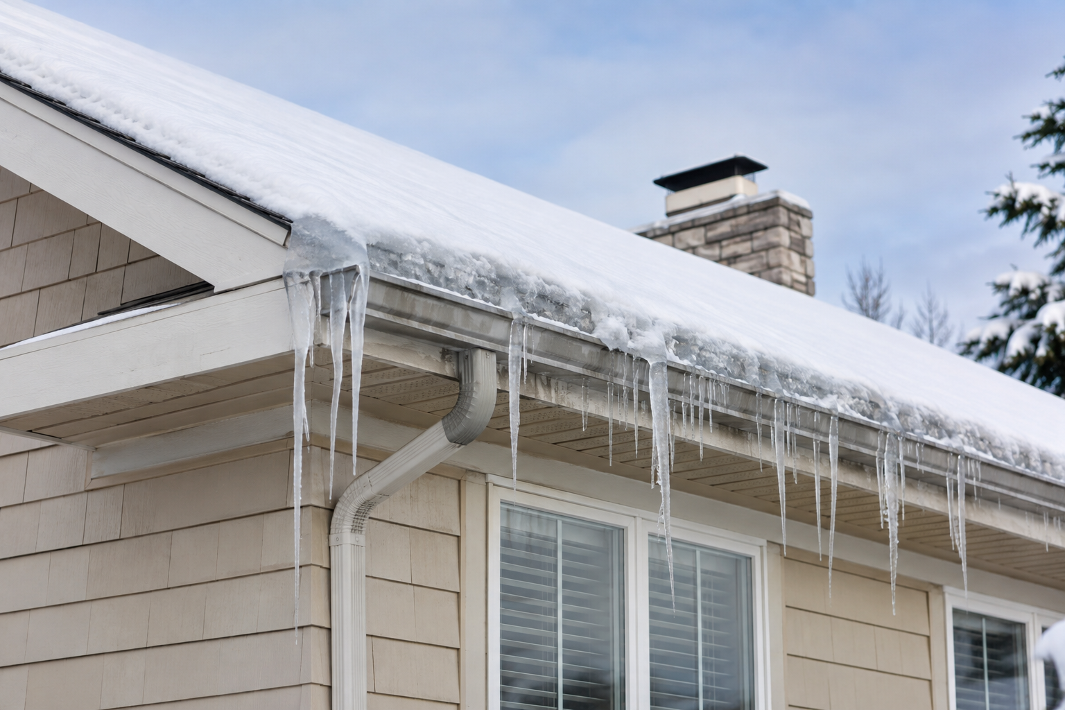 Ice and icicles along a second home’s roof edge.